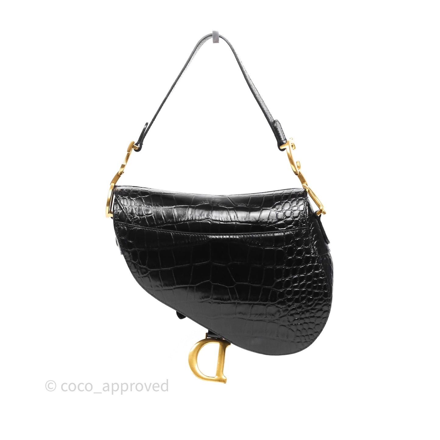 Christian Dior Saddle Bag Black Shiny Crocodile Gold Hardware