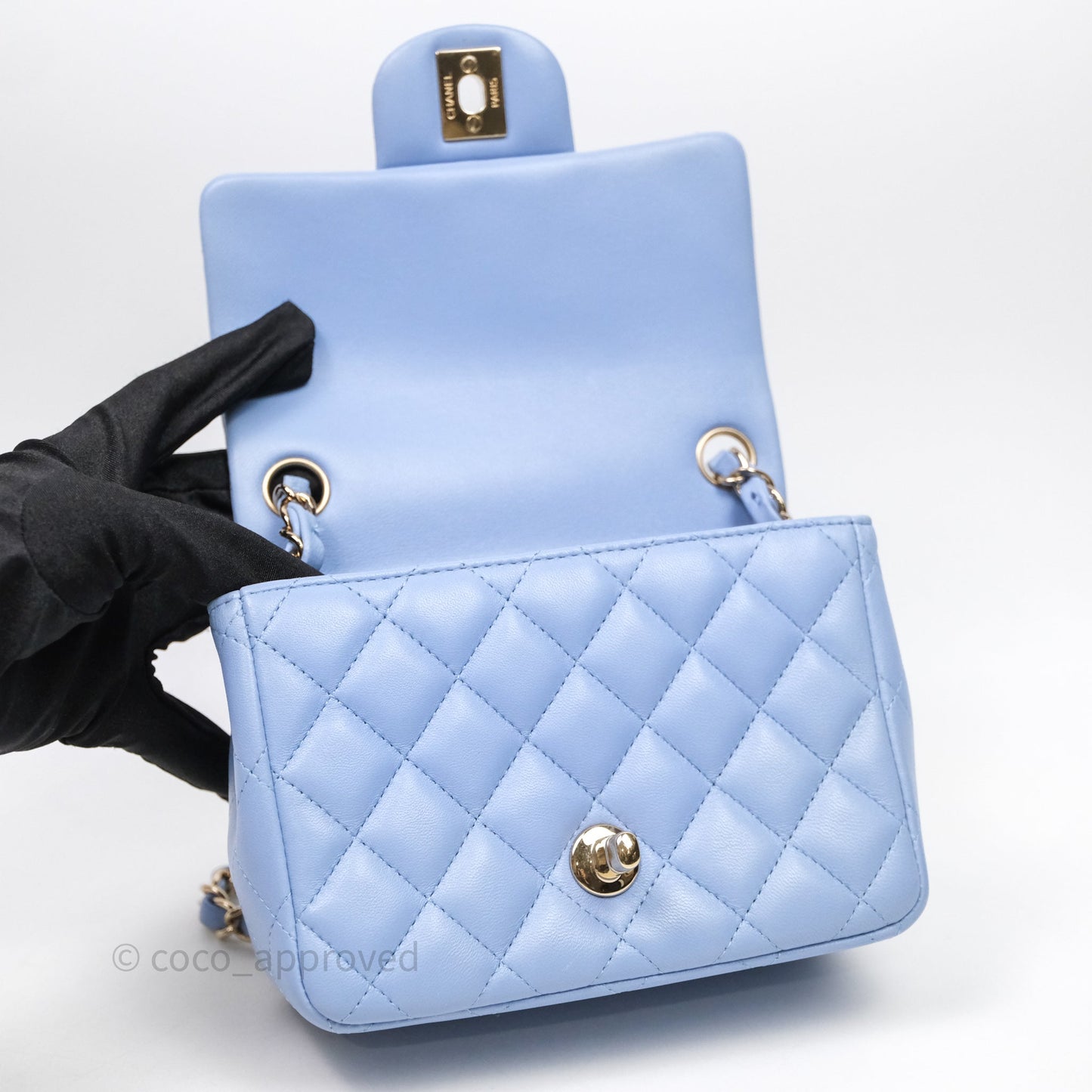 Chanel Mini Square Quilted Sky Blue Lambskin Gold Hardware