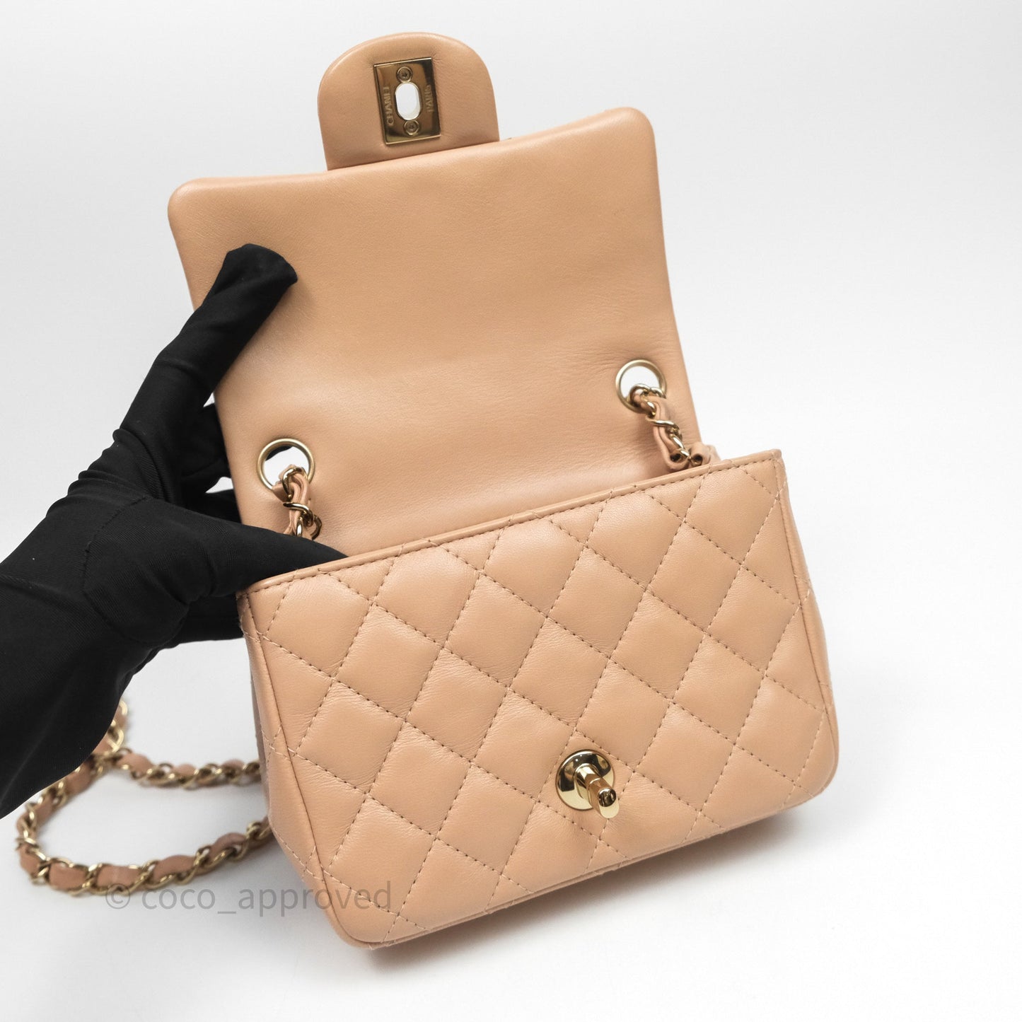 Chanel Mini Square Flap Quilted Beige Lambskin Gold Hardware