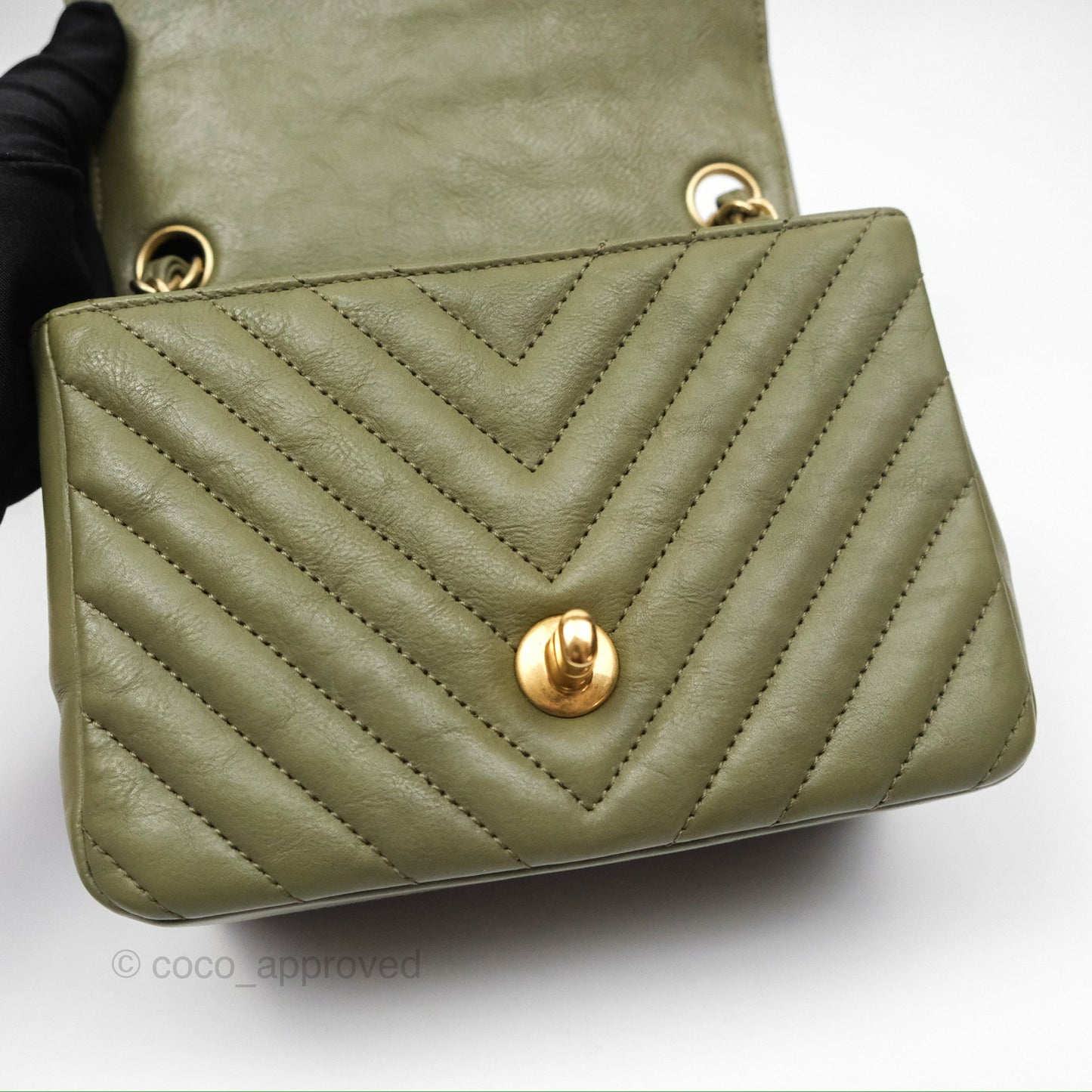 Chanel Mini Square Flap Chevron Olive Green Calfskin Gold Hardware