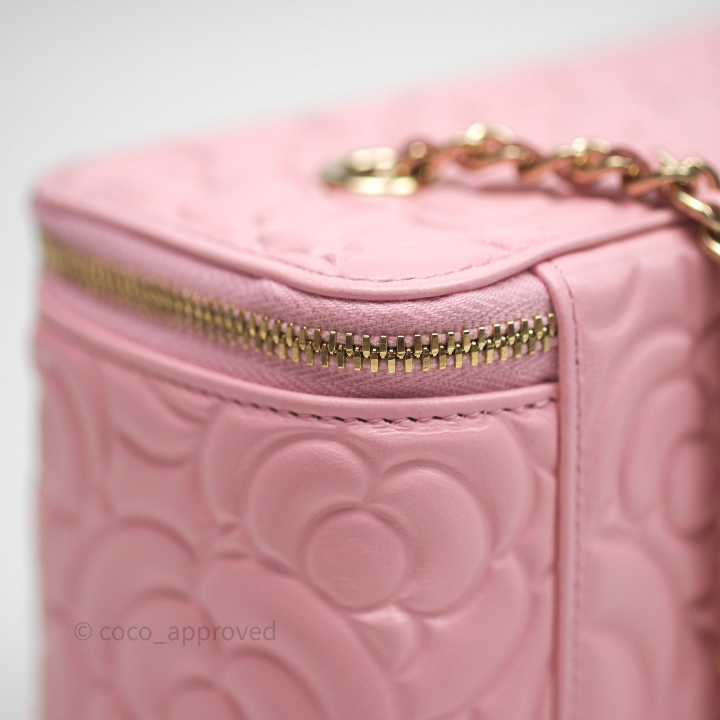 Chanel Vanity with Chain Camellia Embossed Pink Lambskin Gold Hardware