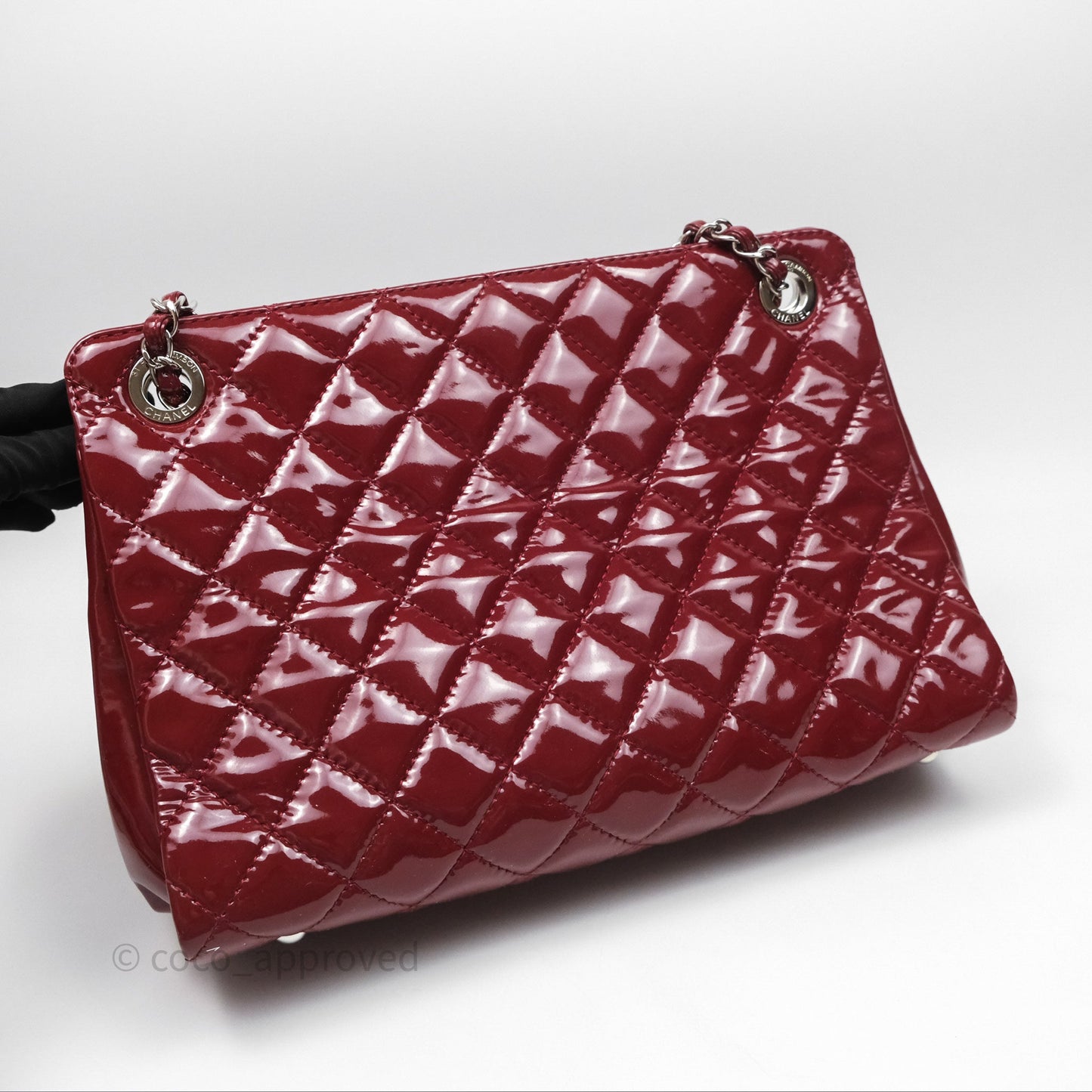 Chanel CC Shopping Tote Bag Red Patent Silver Hardware