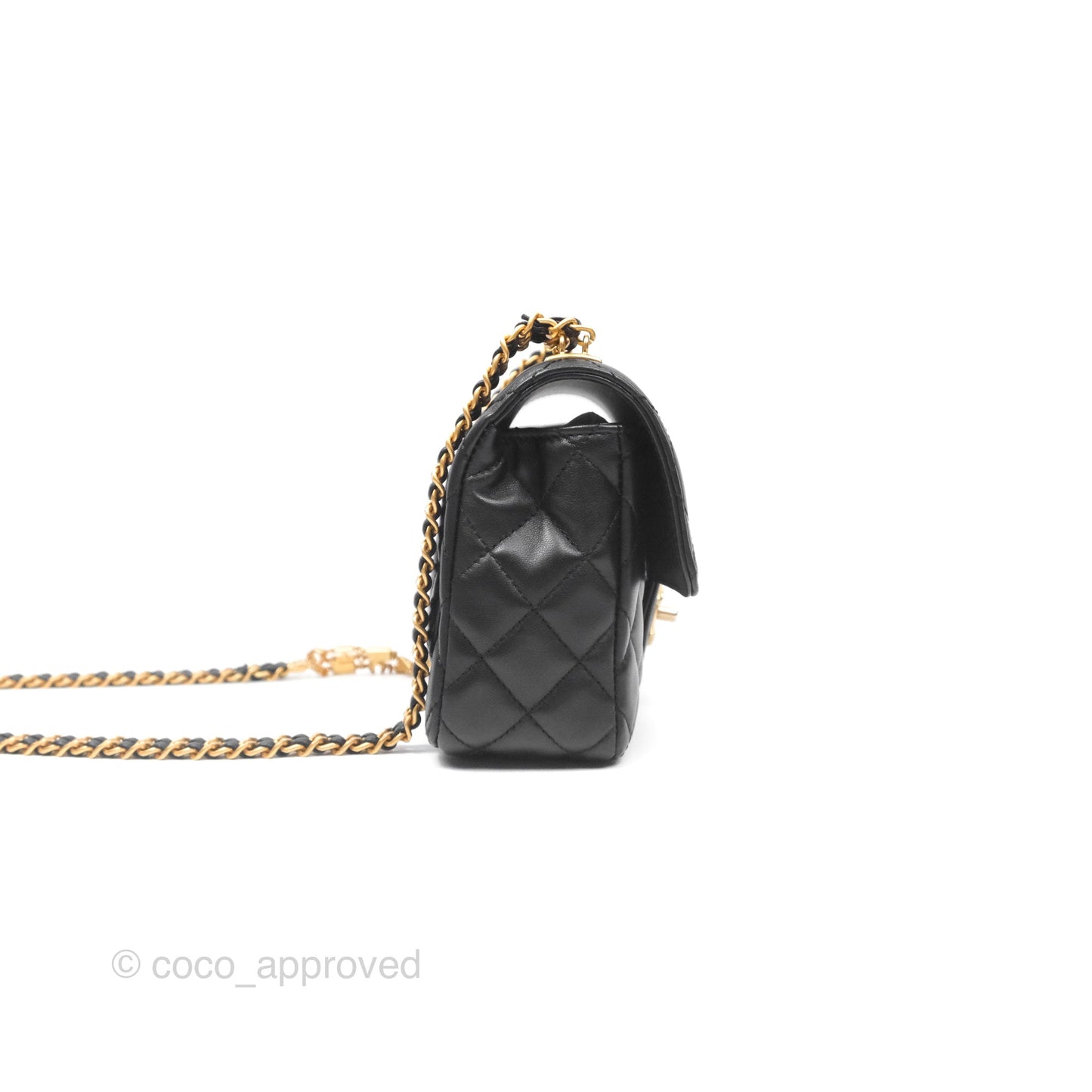 Chanel Flap Bag with Logo Enamel Chain Black Lambskin 22B