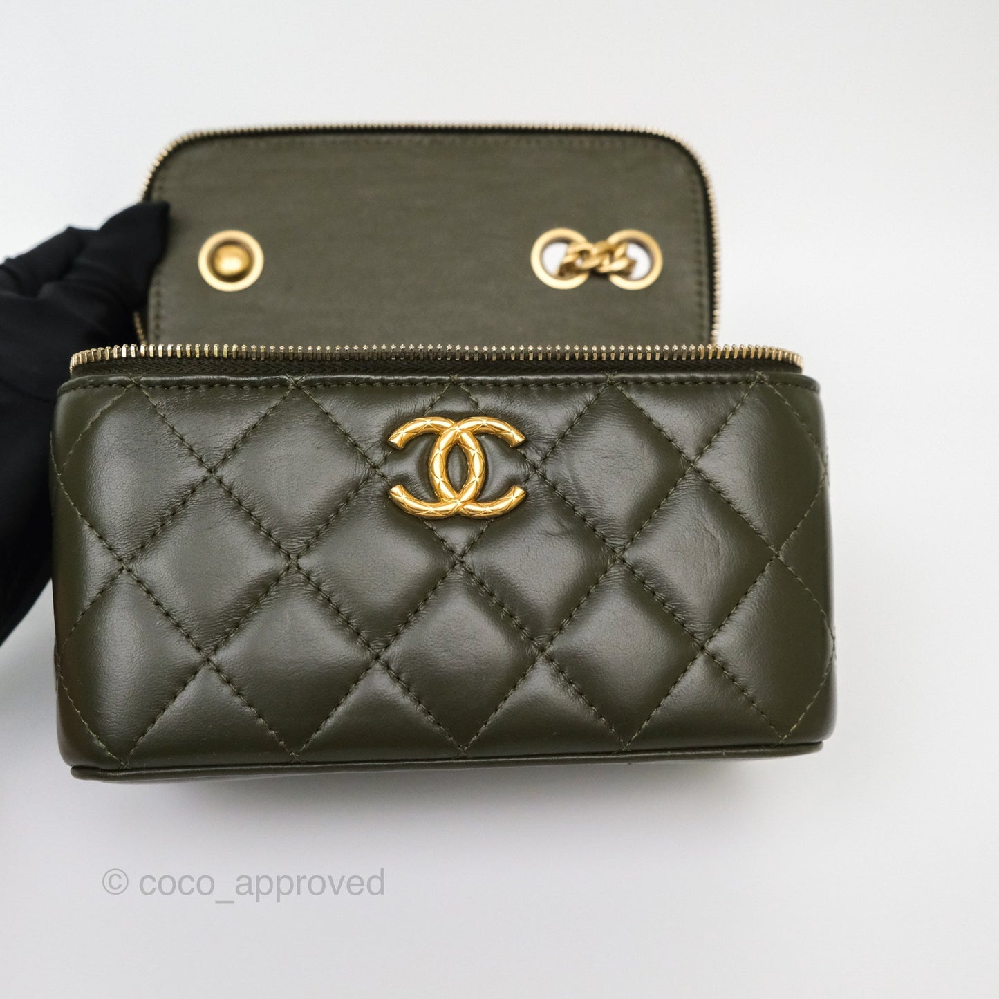 Chanel All Slide Vanity with Adjustable Chain Dark Olive Green Lambskin Aged Gold Hardware