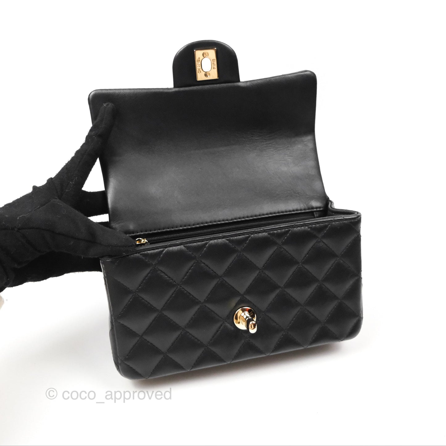 Chanel Top Handle Mini Rectangular Flap Bag with Charm Black Lambskin Gold Hardware