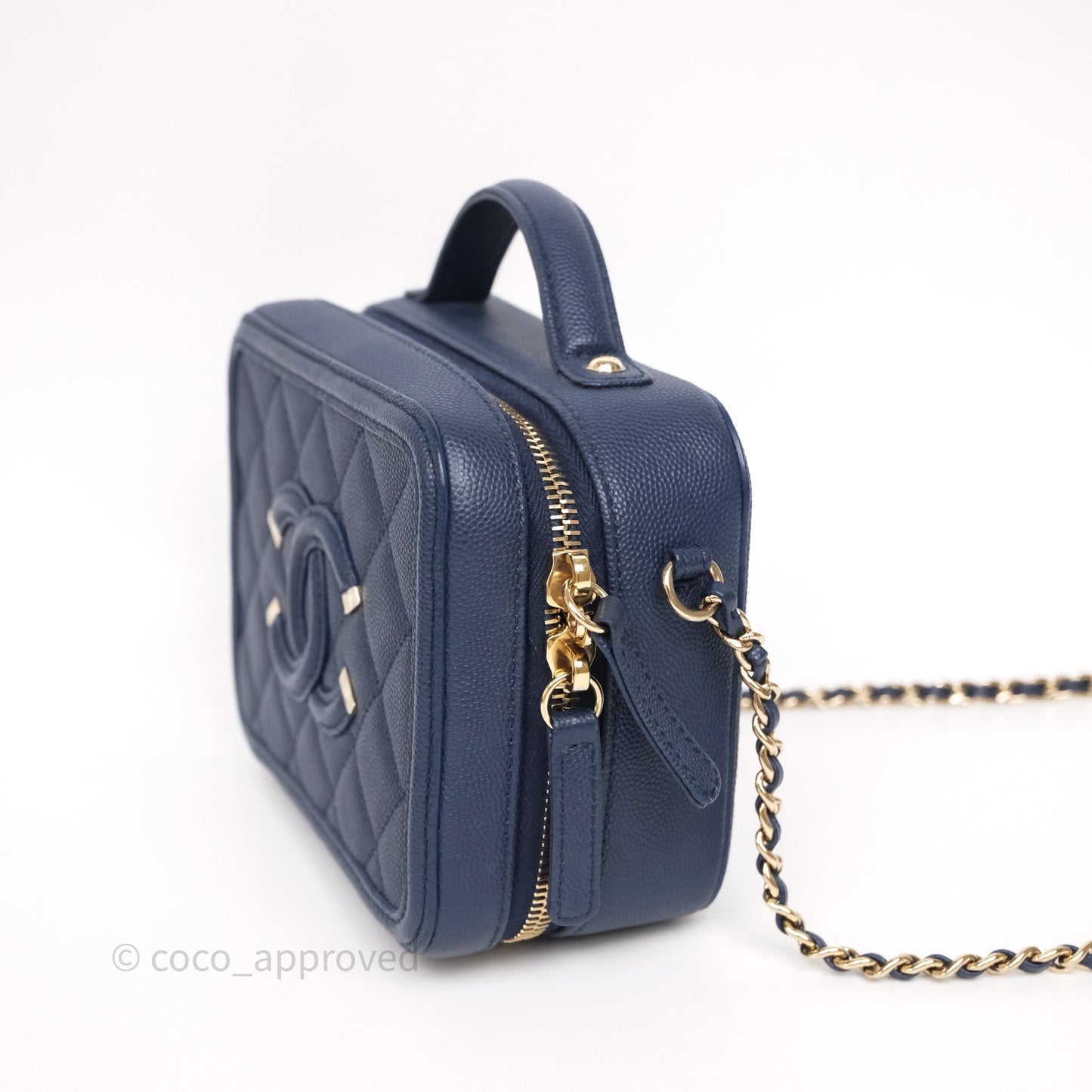 Chanel Quilted Small CC Filigree Vanity Case Navy Caviar Gold Hardware