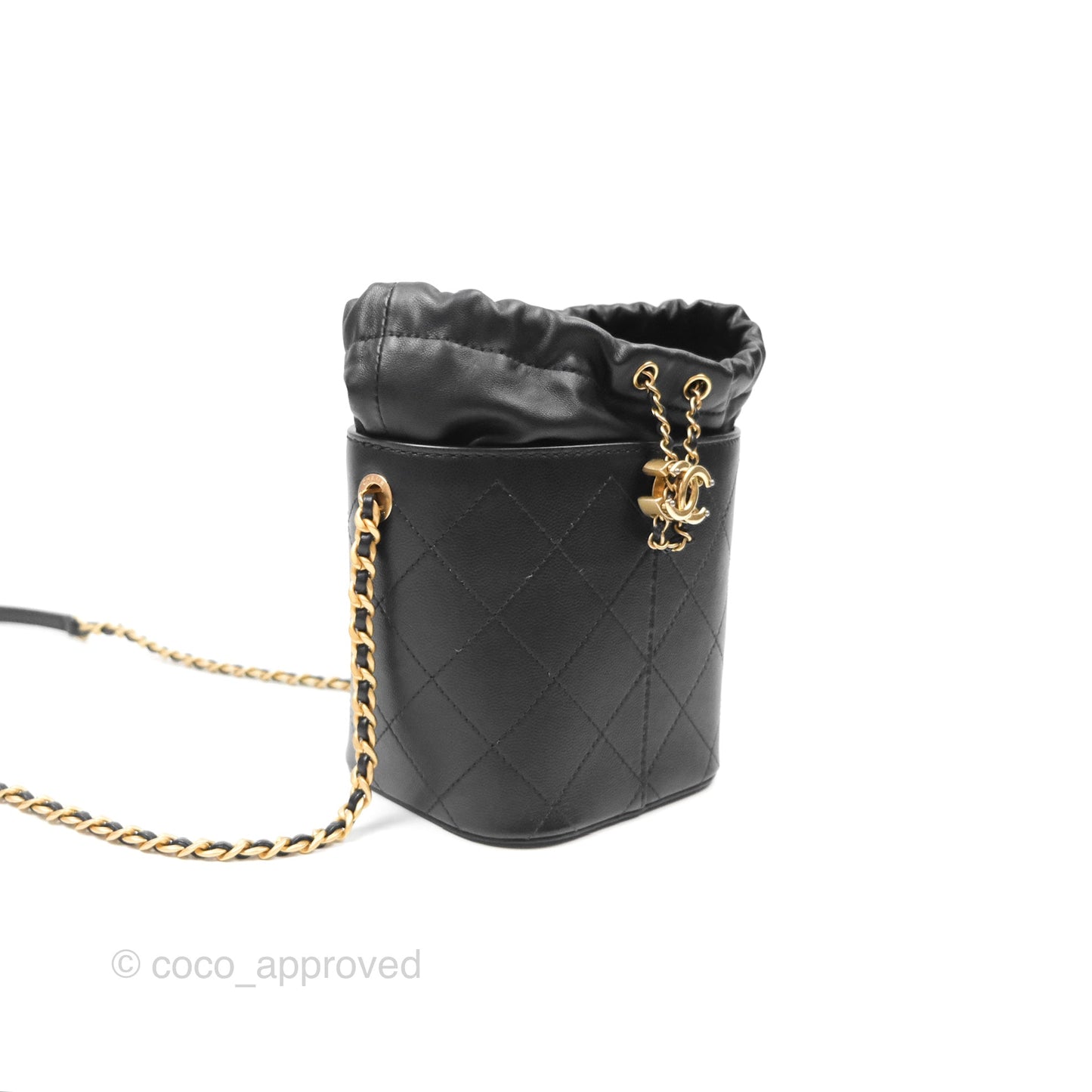 Chanel Drawstring Bucket Bag Quilted Black Caviar Aged Gold Hardware