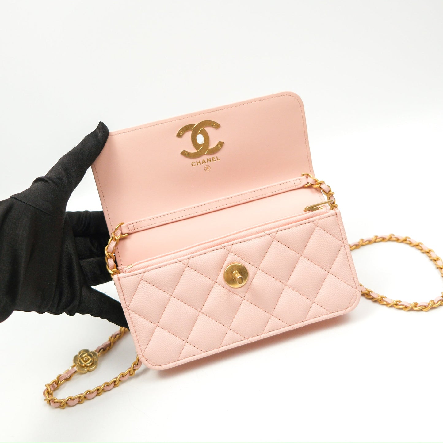 Chanel Mini WOC Phone Holder Pink Caviar Gold Hardware