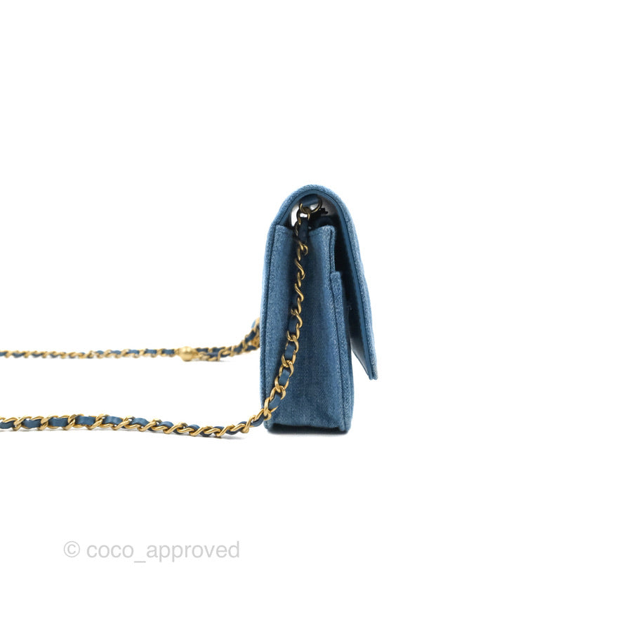 Chanel Quilted Pearl Crush Wallet on Chain WOC Denim Aged Gold Hardware