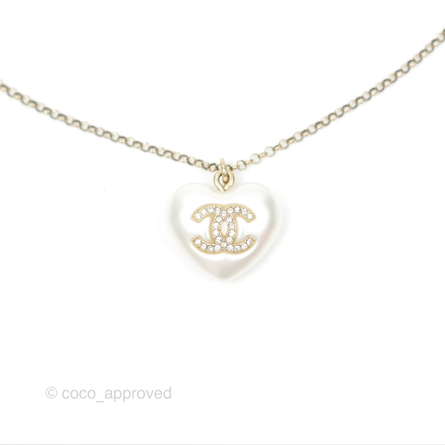 Chanel Heart Pearl CC Necklace Gold Tone 21B