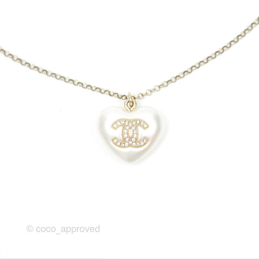 Chanel Heart Pearl CC Necklace Gold Tone 21B