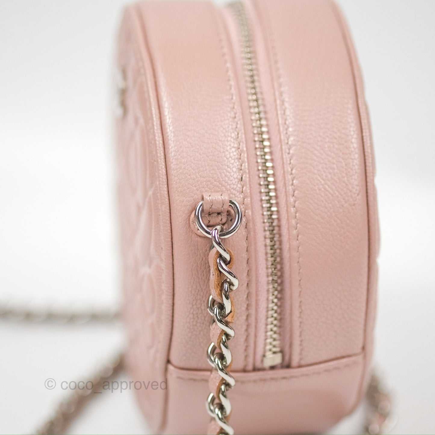 Chanel Camellia Embossed Round Clutch With Chain Iridescent Light Pink Goatskin Silver Hardware