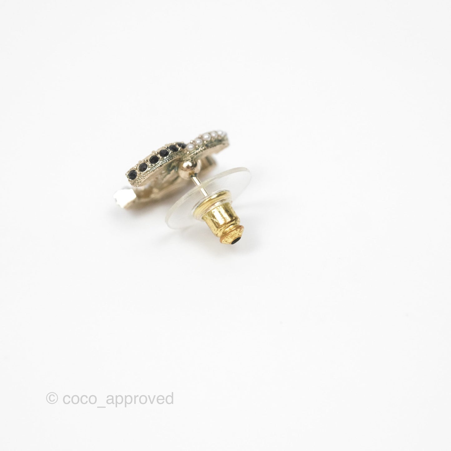 Chanel Pearl Black Crystal CC Earrings Gold Tone 22B