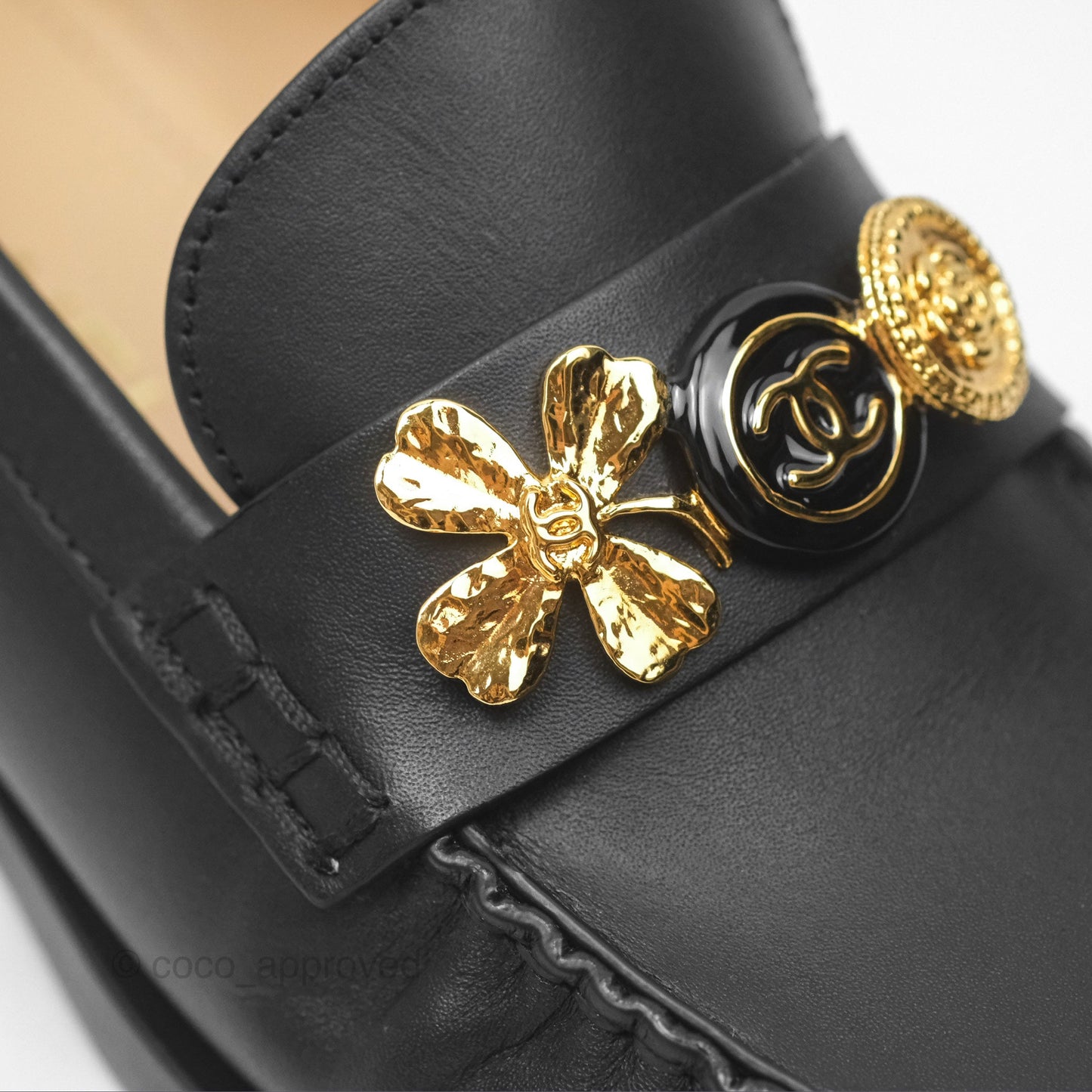 Chanel Loafers Black Leather CC Clover Camellia 23S Size 37C