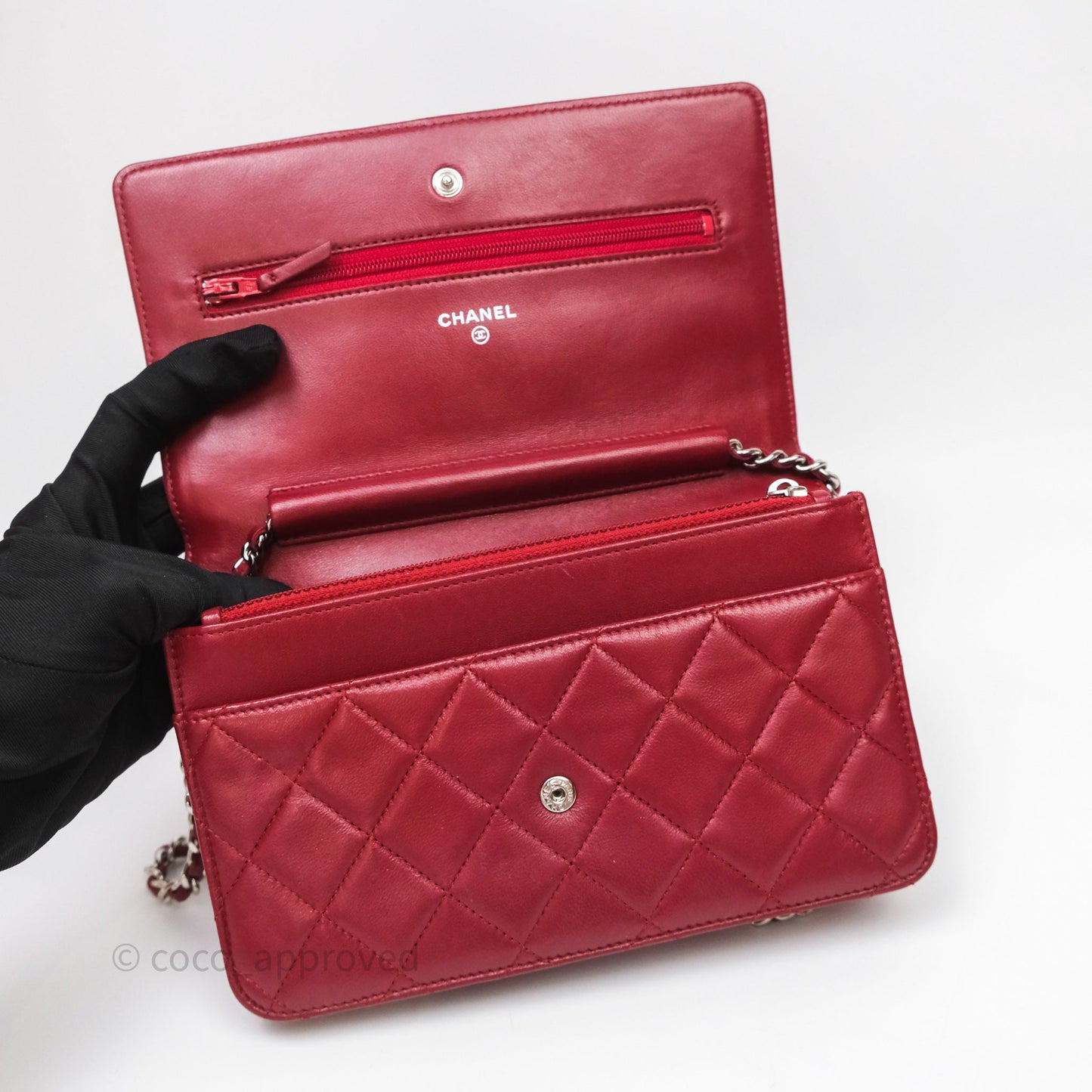 Chanel Quilted Wallet on Chain WOC Red Lambskin Silver Hardware