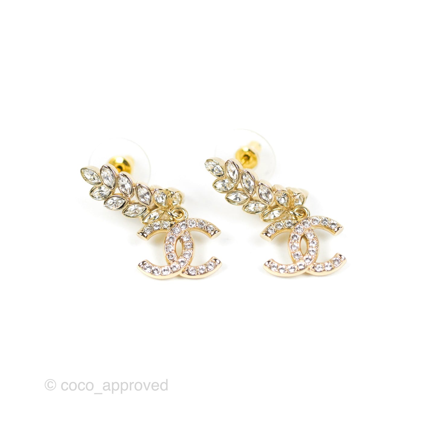 Chanel Leafy Crystal CC Drop Earrings Gold Tone 23S