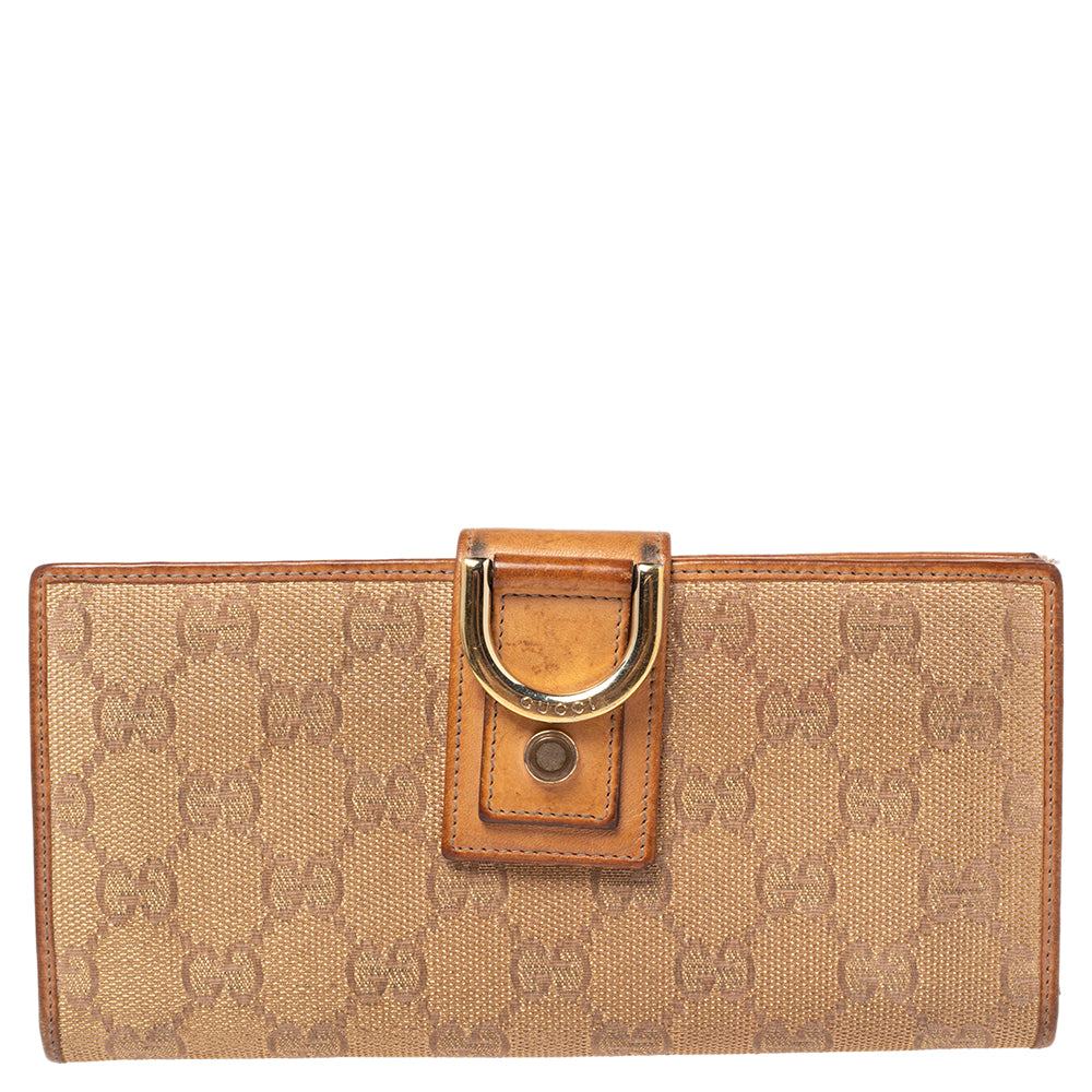 Luxury Gucci Trending 2025 Metallic Beige Gg Canvas And Leather D Ring Continental Wallet..