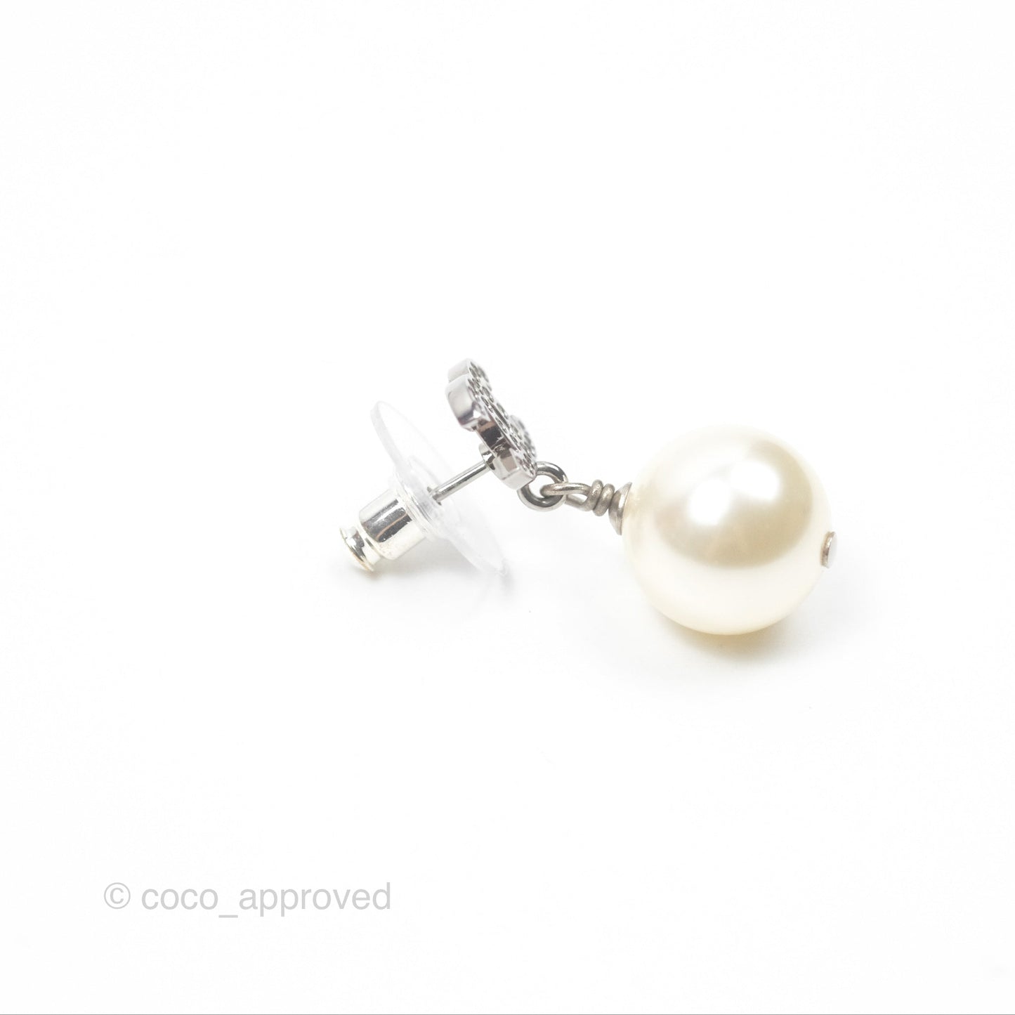 Chanel CC Crystal Pearl Drop Earrings Silver Tone 23V