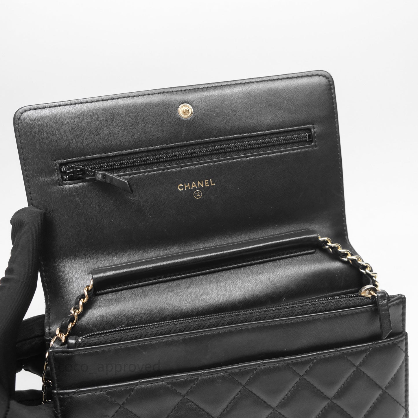 Chanel Black Quilted Lambskin Boy Wallet on Chain Gold Hardware
