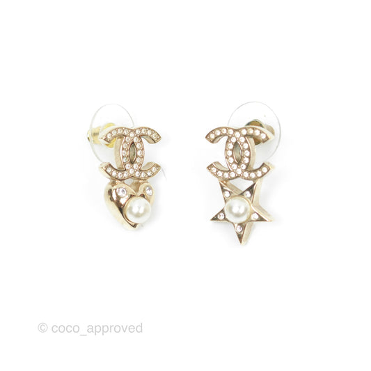 Chanel Crystal CC Star & Heart Pearl Earrings Gold Tone 19B
