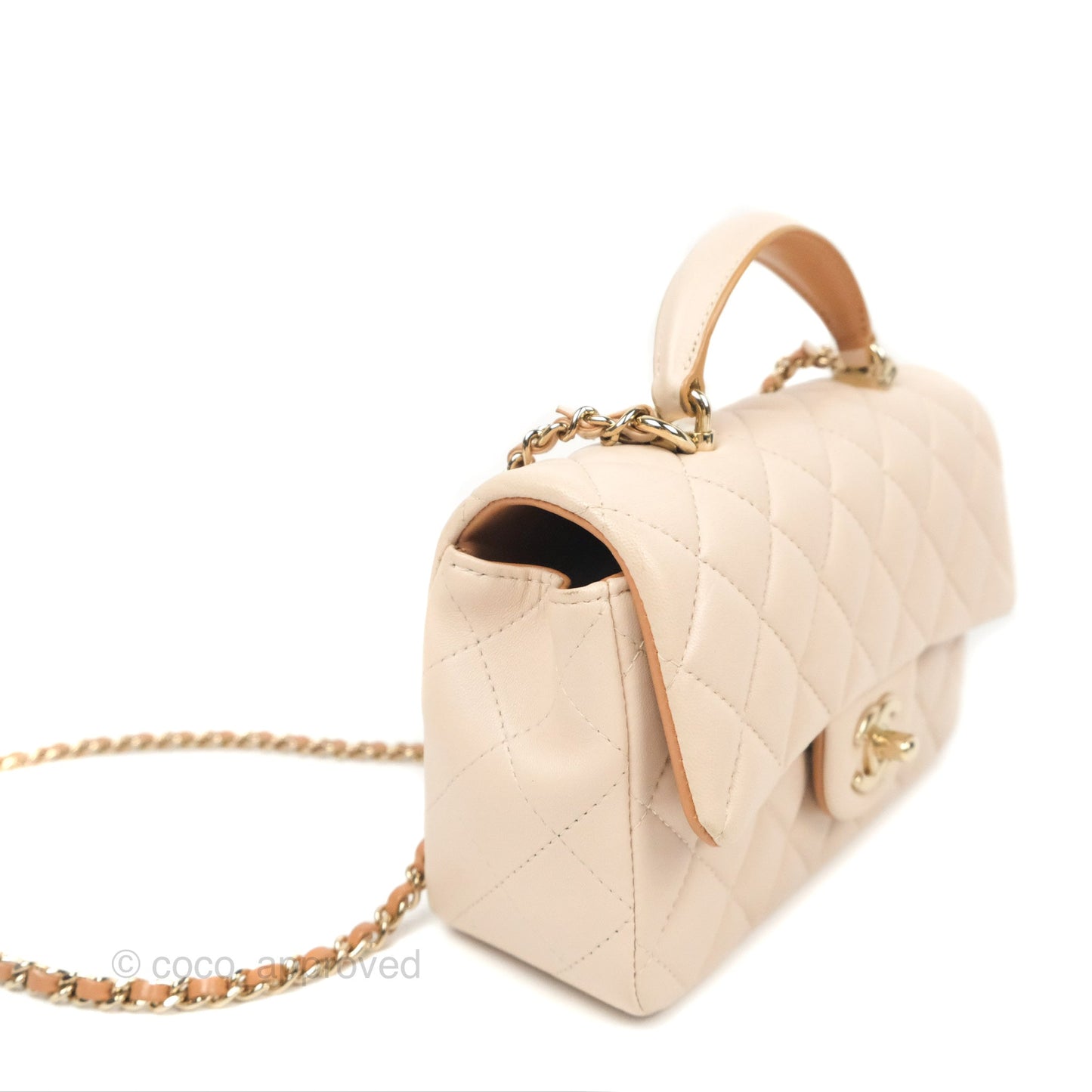 Chanel Top Handle Mini Rectangular Flap Bag Ecru/Beige Lambskin Gold Hardware 23P