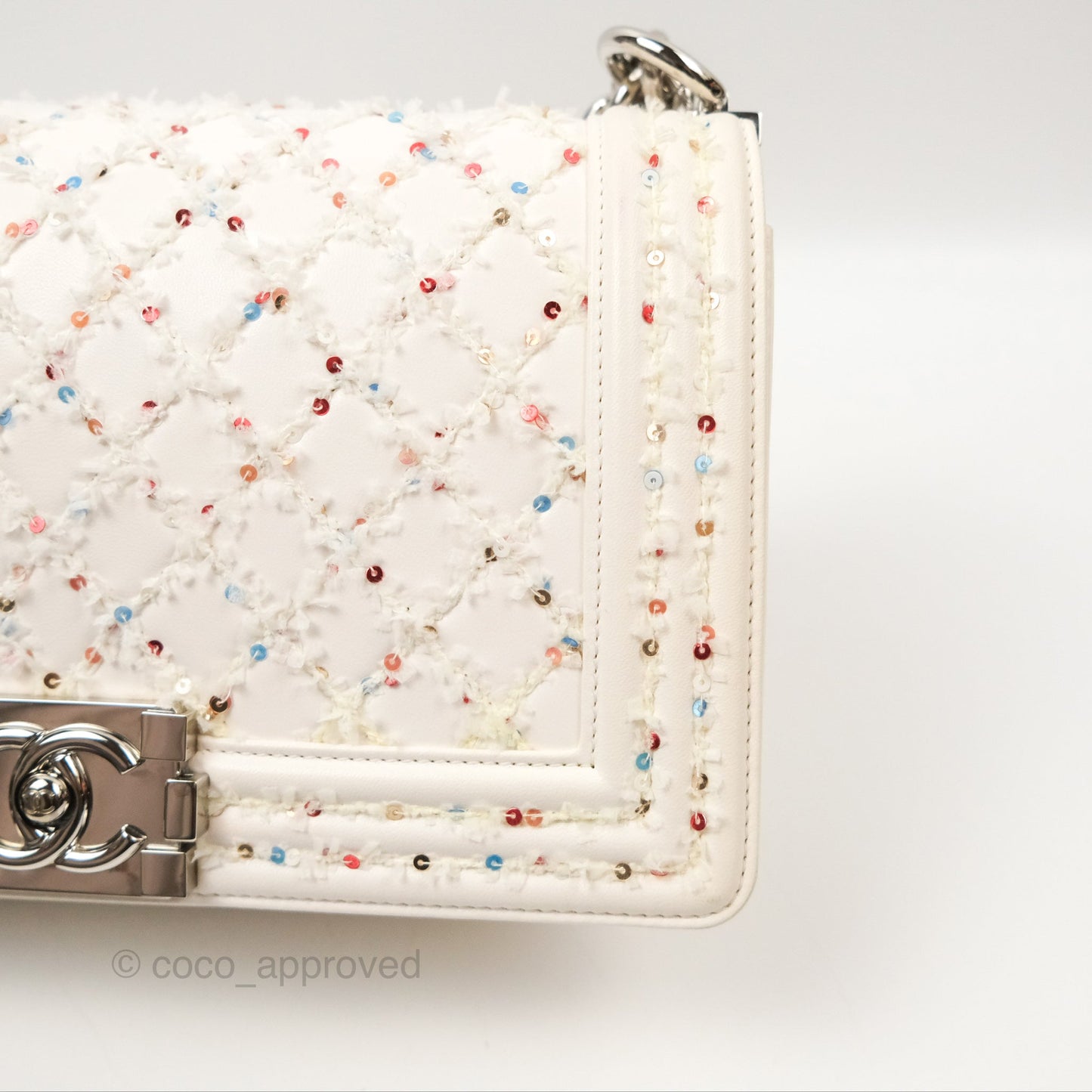 Chanel Medium Boy Sequins Quilted White Lambskin Silver Hardware