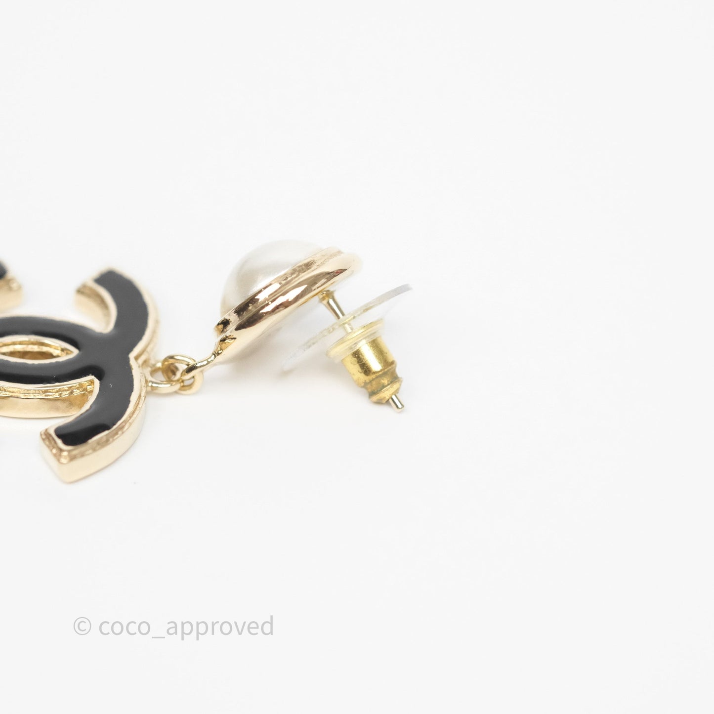 Chanel Round Pearl CC Black Resin Drop Earrings Gold Tone 22A