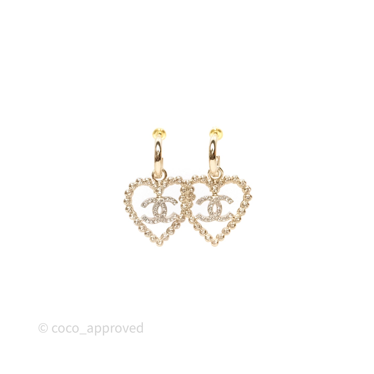 Chanel Crystals Round Heart Drop Earrings Gold Tone 25P