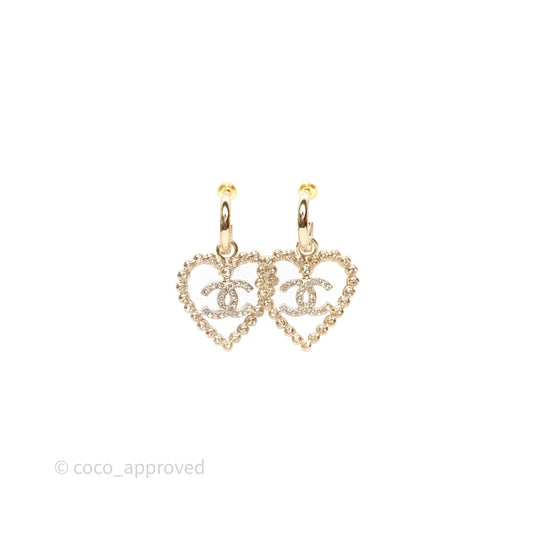 Chanel Crystals Round Heart Drop Earrings Gold Tone 25P