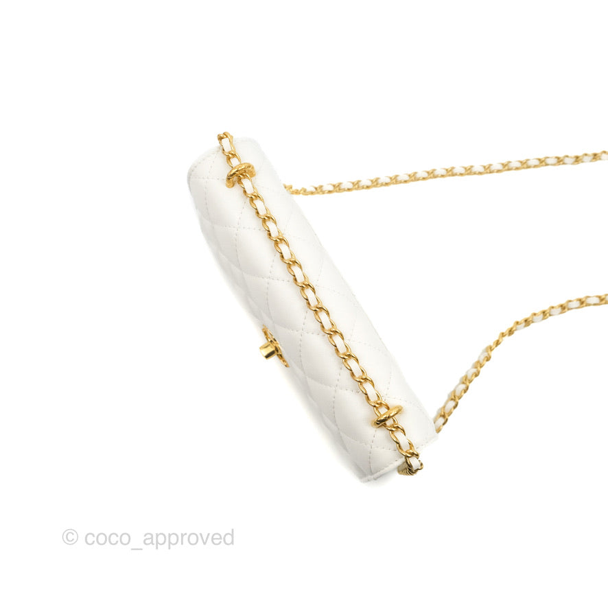 Chanel Quilted Double Chain WOC White Shiny Lambskin Aged Gold Hardware 23C