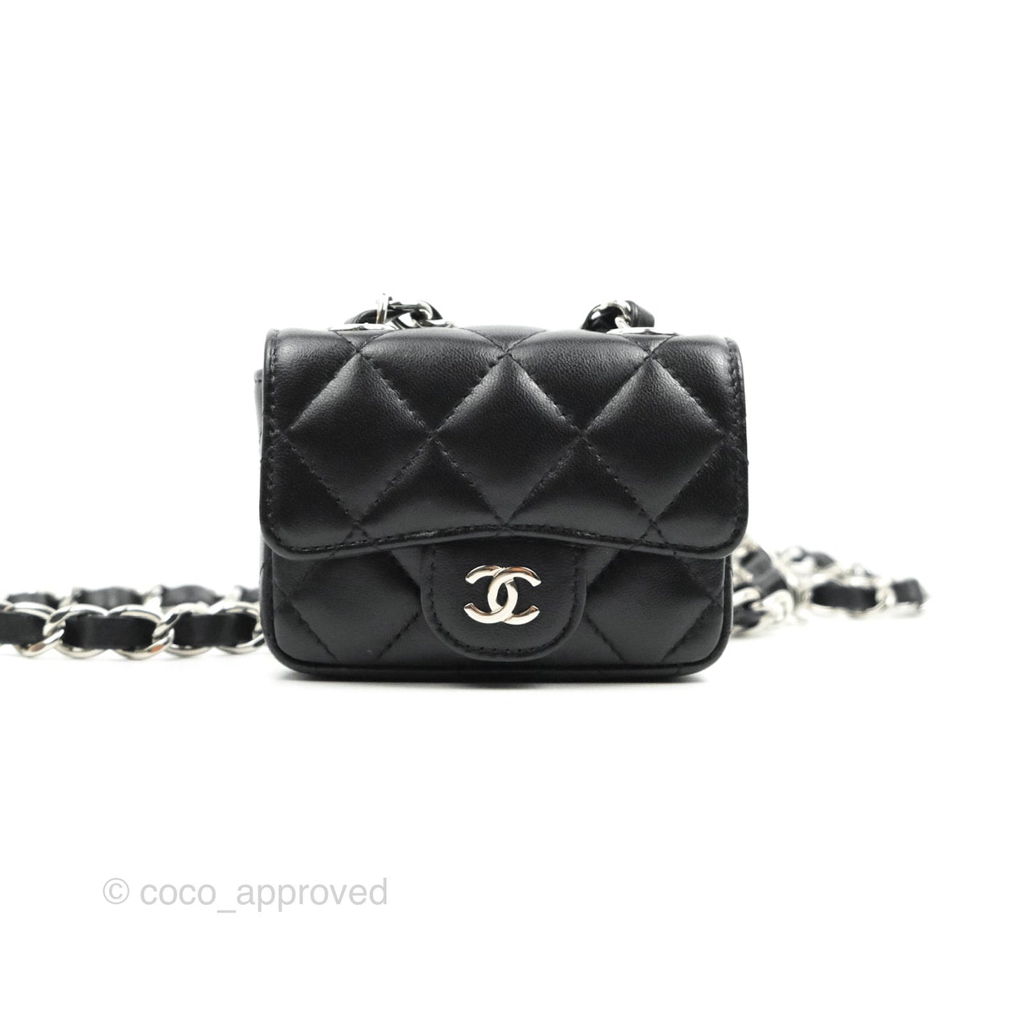 Chanel Mini Card Holder Chain Belt Bag Black Lambskin Silver Hardware 21B