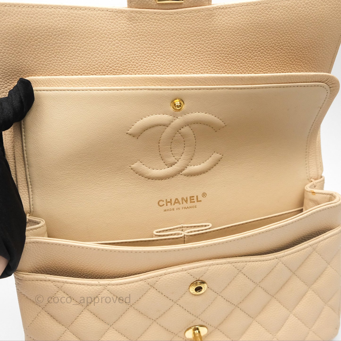 Chanel M/L Medium Classic Flap Quilted Beige Caviar Gold Hardware