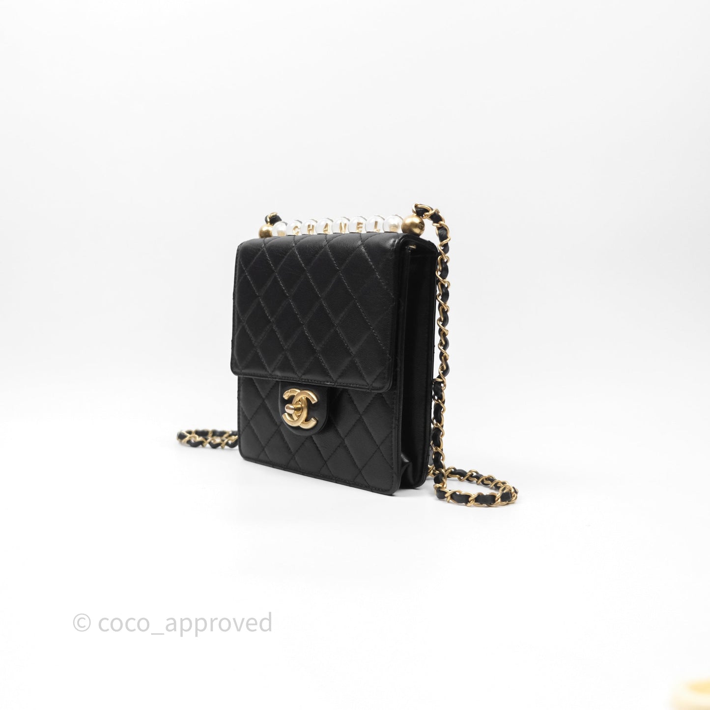 Chanel Quilted Chic Logo Pearls Flap Black Goatskin Aged Gold Hardware