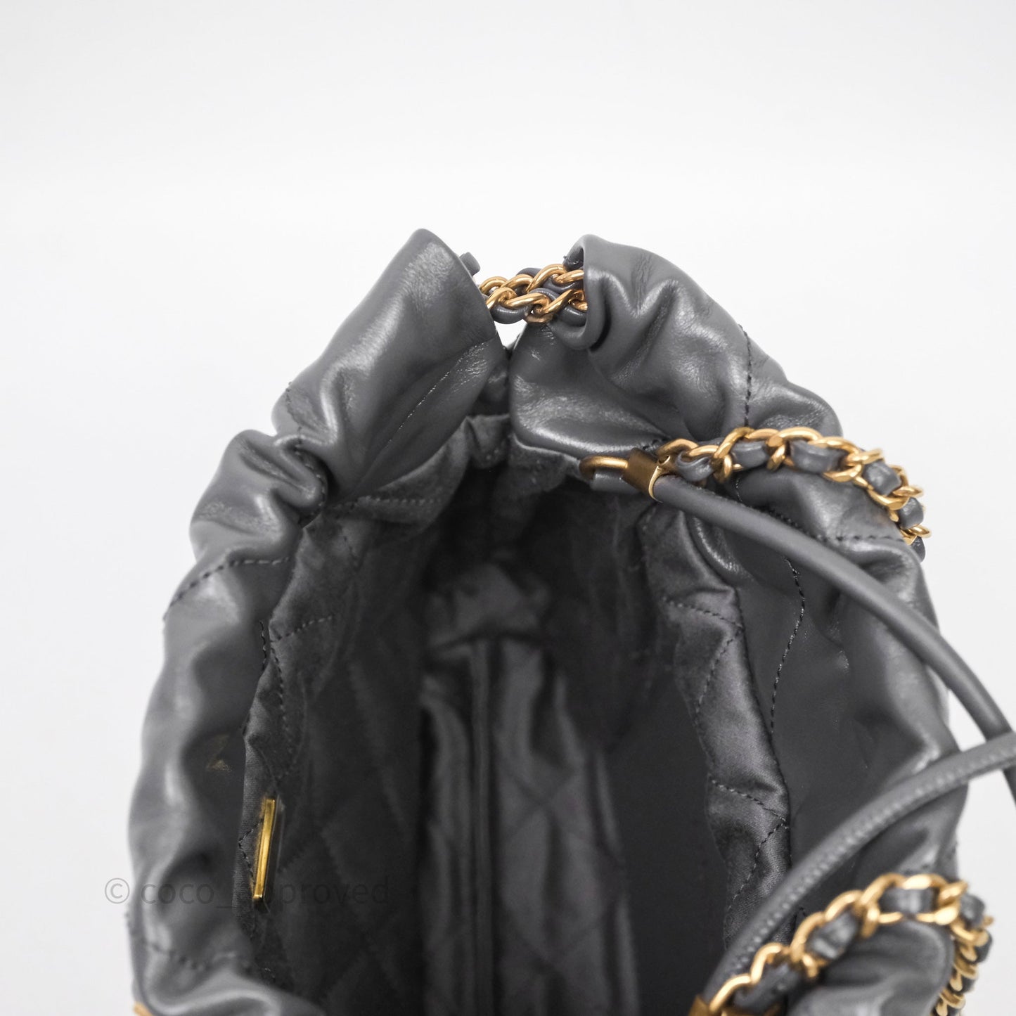 Chanel 22 Mini Bag Dark Grey Shiny Crumpled Calfskin Aged Gold Hardware