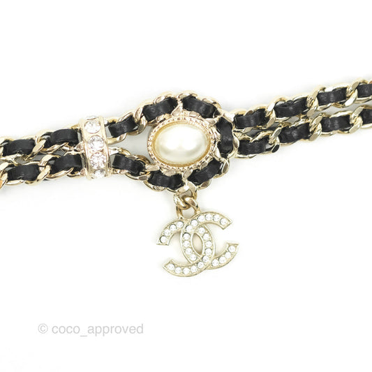 Chanel Black Leather Chain Braided Pearl Crystal CC Drop Choker Gold Tone 21B