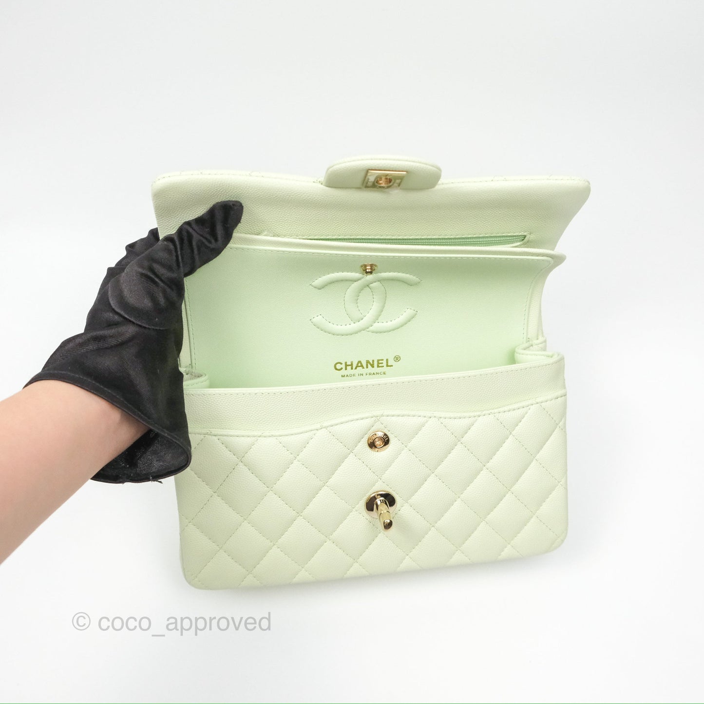 Chanel Small Classic Quilted Flap Mint Green Caviar Gold Hardware 22C