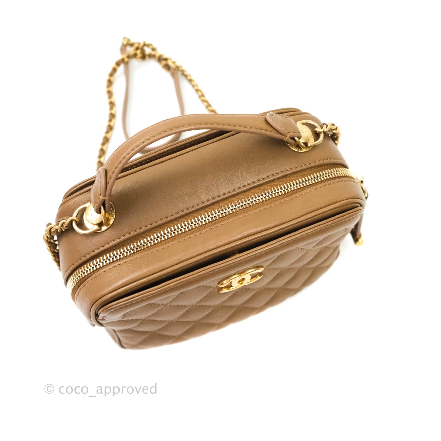 Chanel Small CC Quilted Vanity Case Brown Beige Calfskin Aged Gold Hardware