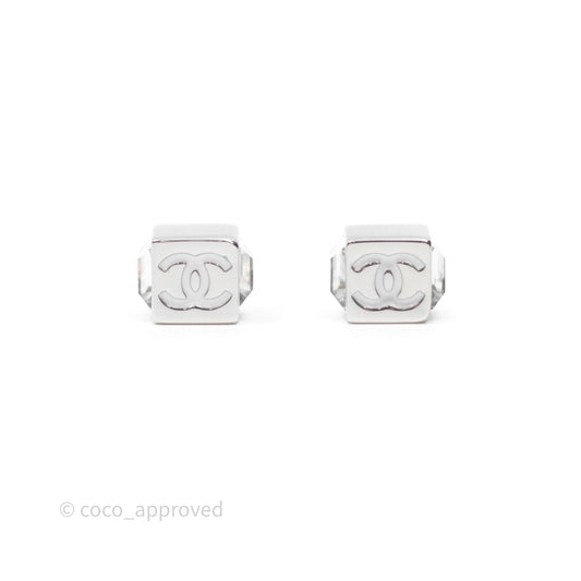 Chanel CC Crystal Square Mini Earrings Silver Tone 25C