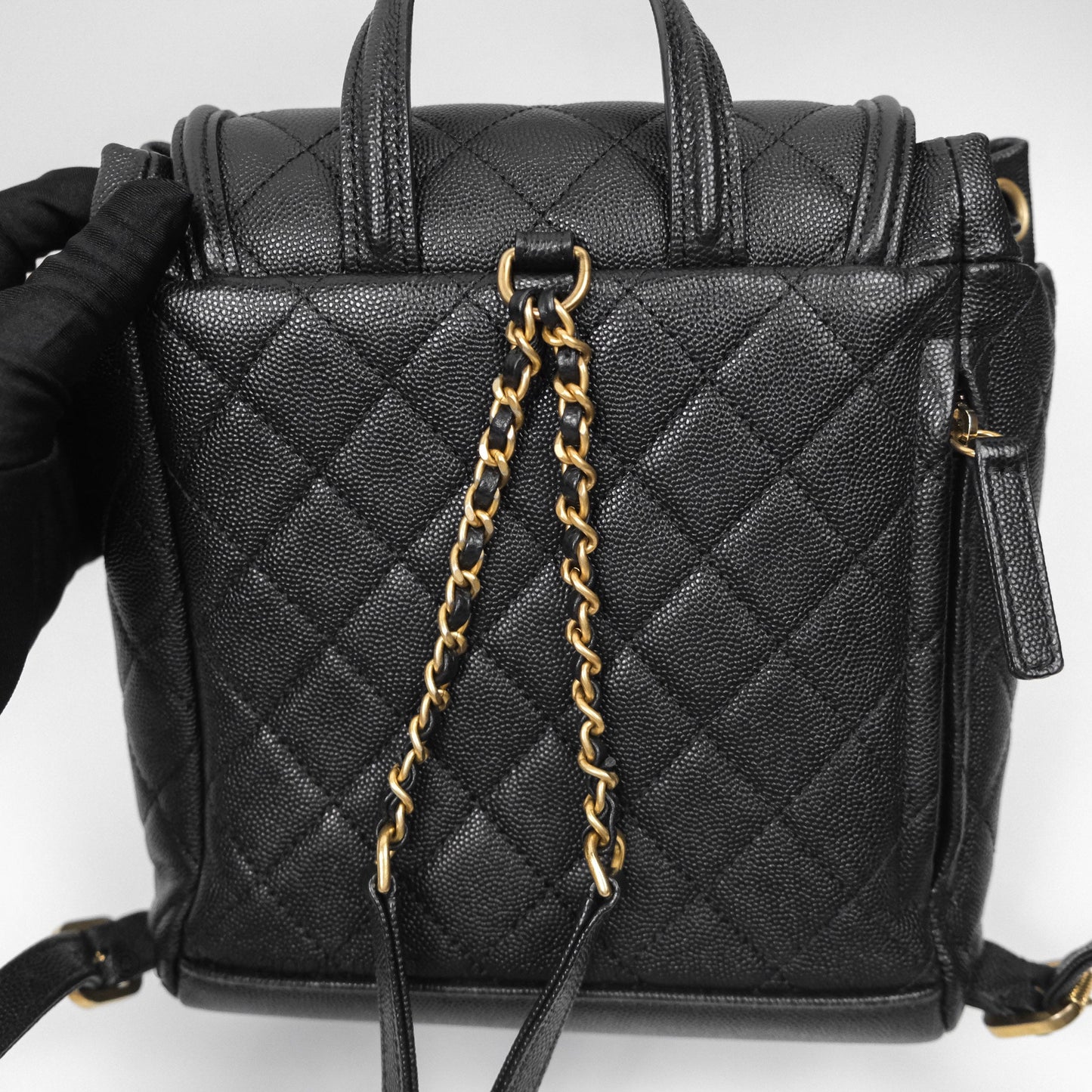 Chanel Small Quilted Filigree Backpack Black Caviar Aged Gold Hardware