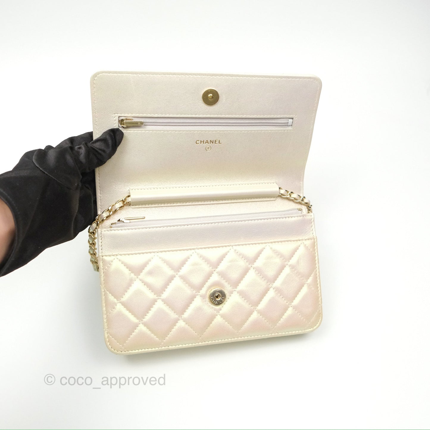 Chanel Quilted Wallet on Chain WOC Iridescent Ivory Gold Hardware 20A