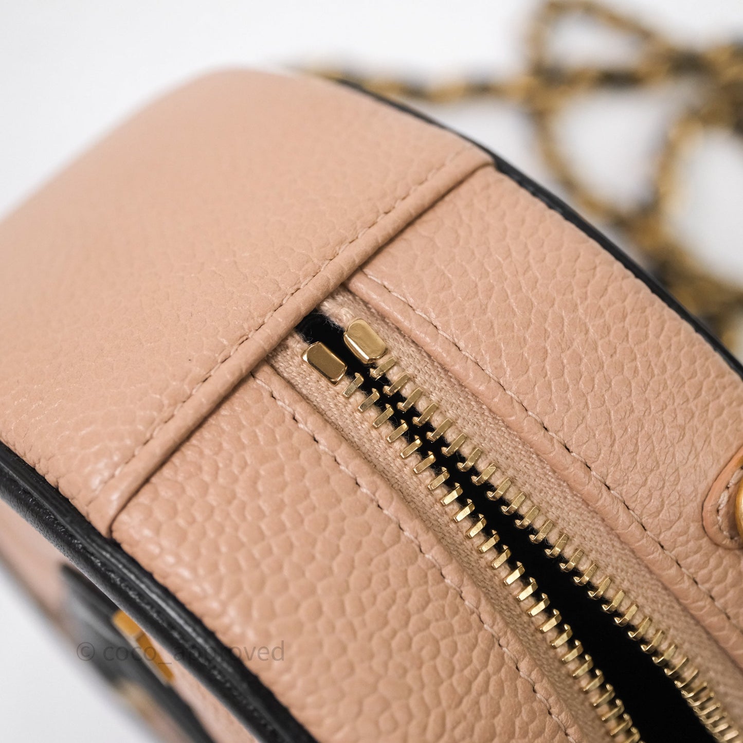 Chanel Quilted Round Filigree Clutch With Chain Beige/ Black Caviar Aged Gold Hardware