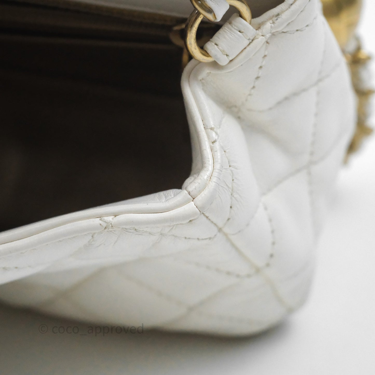 Chanel Mini Rectangular Pearl Crush Quilted White Lambskin Aged Gold Hardware