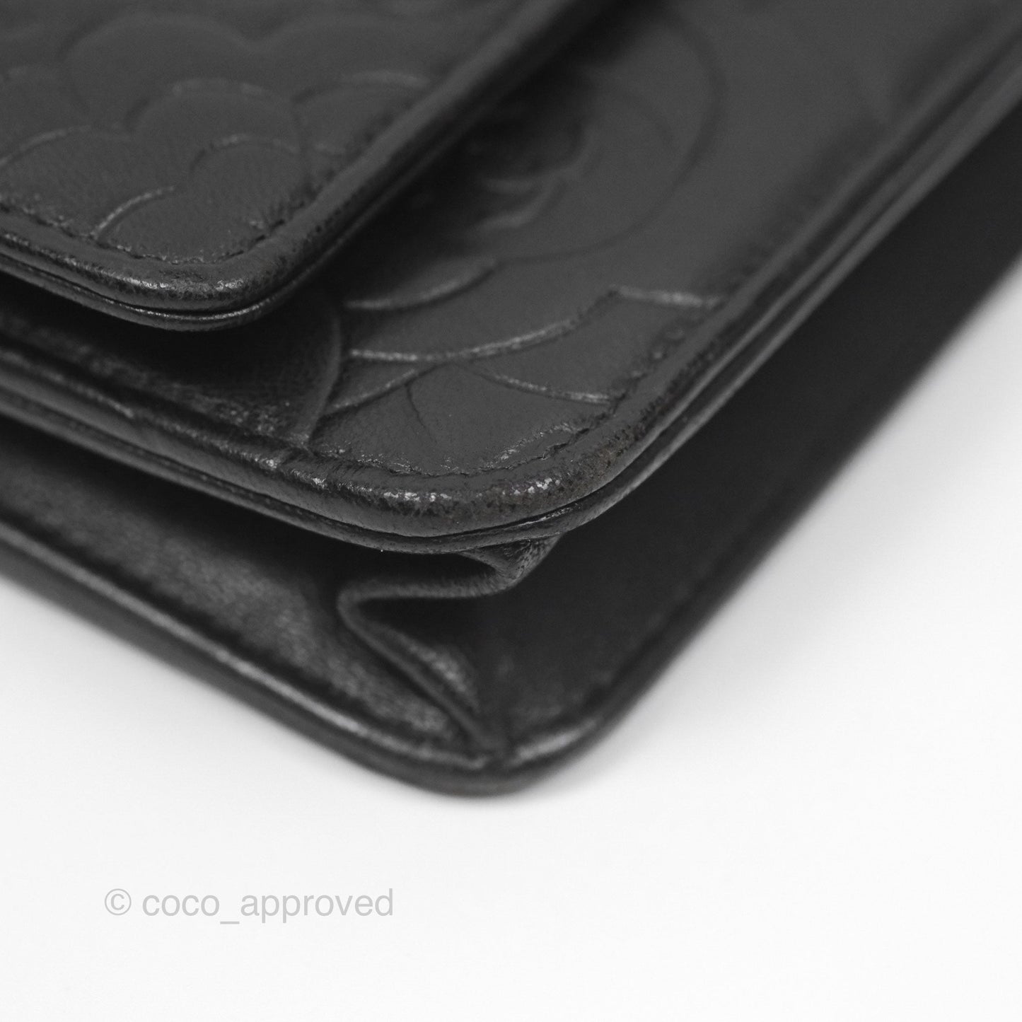 Chanel Camellia Embossed Wallet on Chain WOC Black Lambskin Silver Hardware