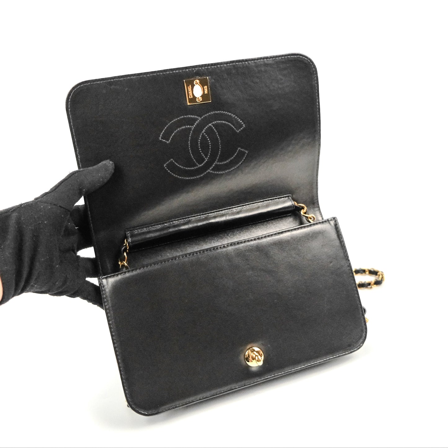 Chanel Vintage Full Flap Quilted Shoulder Bag Black Lambskin 24K Gold Hardware