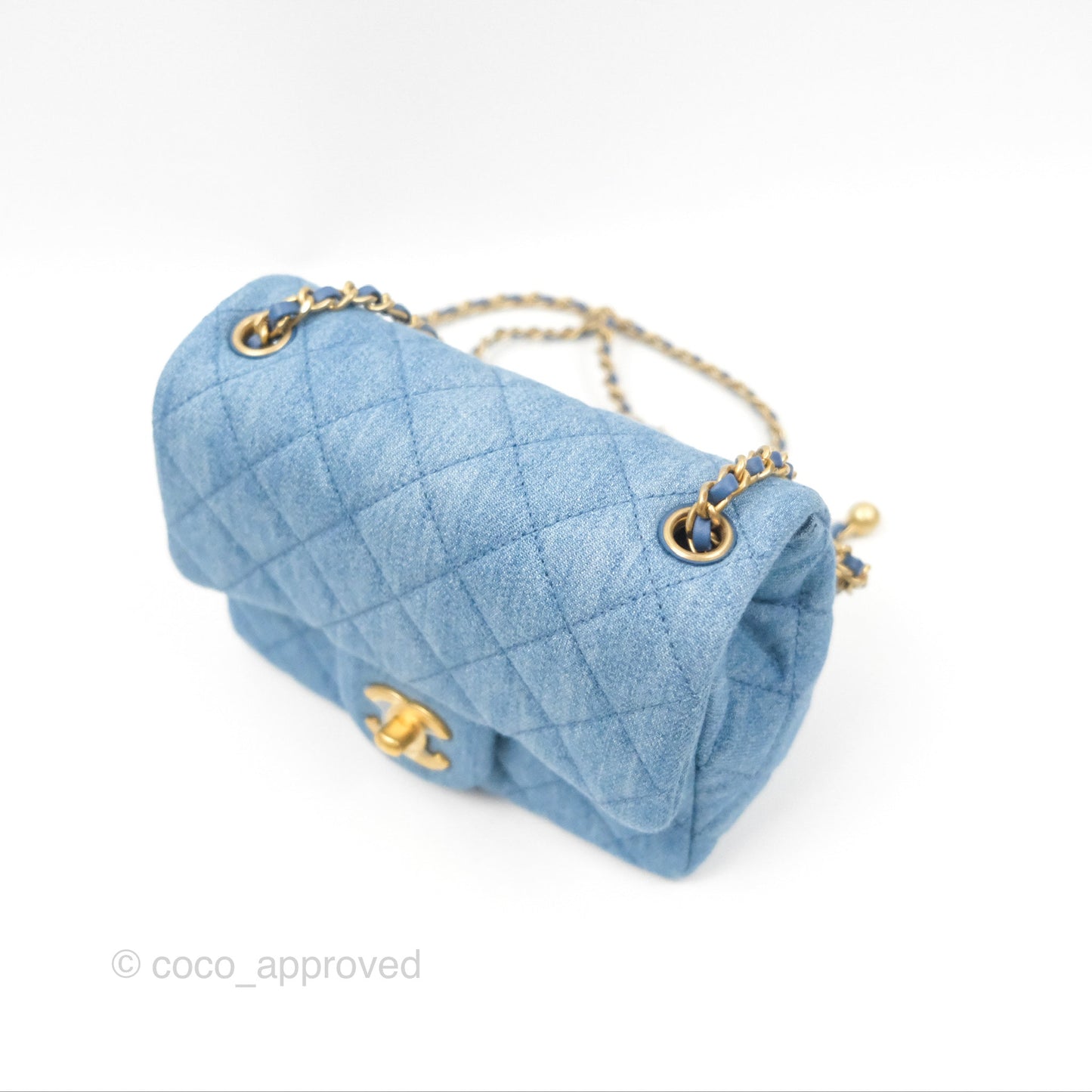 Chanel Mini Square Pearl Crush Quilted Denim Aged Gold Hardware