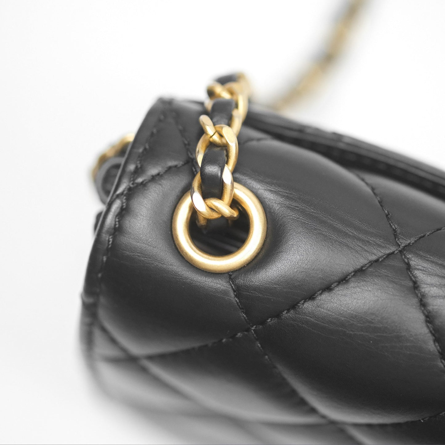 Chanel Quilted Side Chain Flap Bag Black Calfskin Aged Gold Hardware