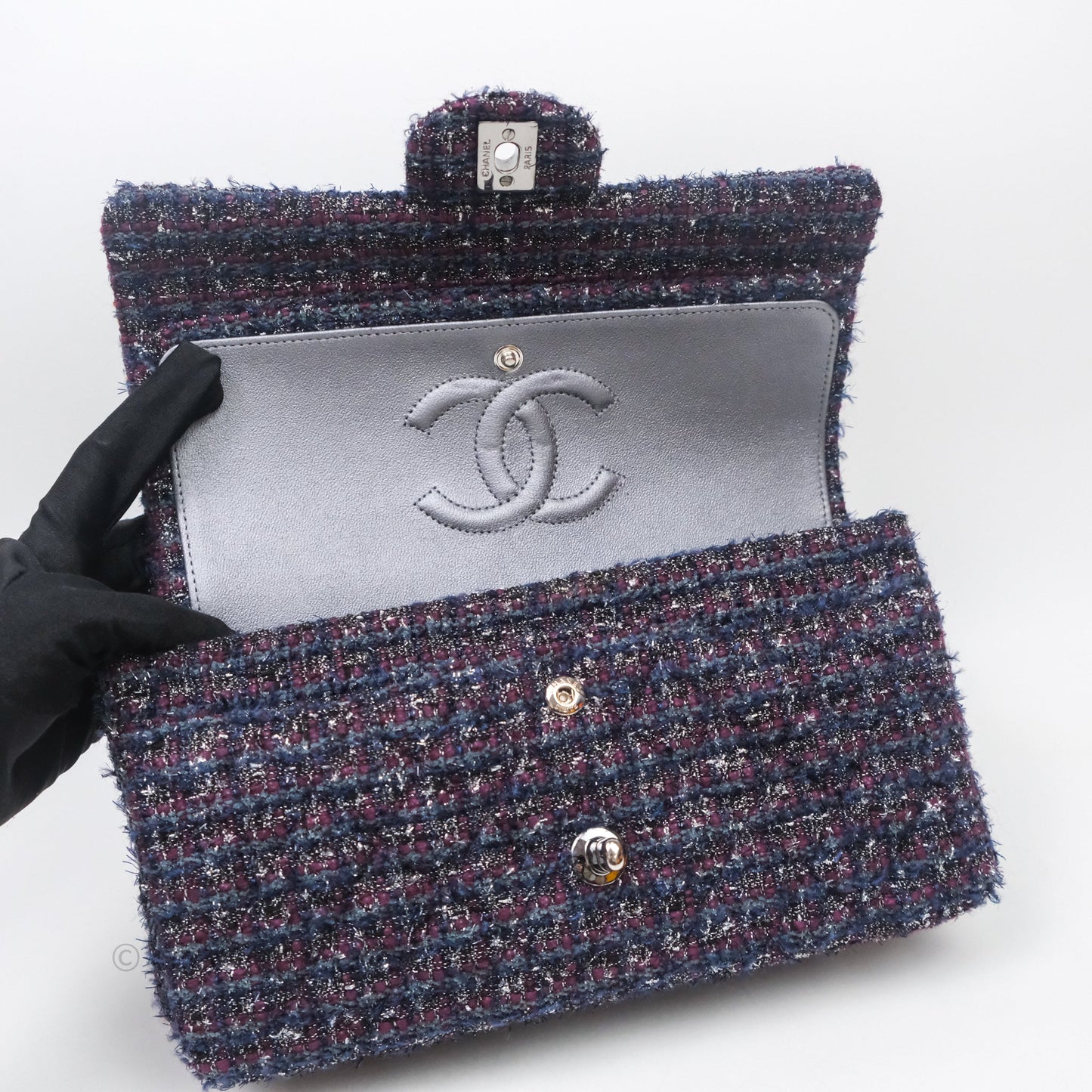Chanel Classic M/L Medium Double Flap Purple Tweed Glitter Gun Metal