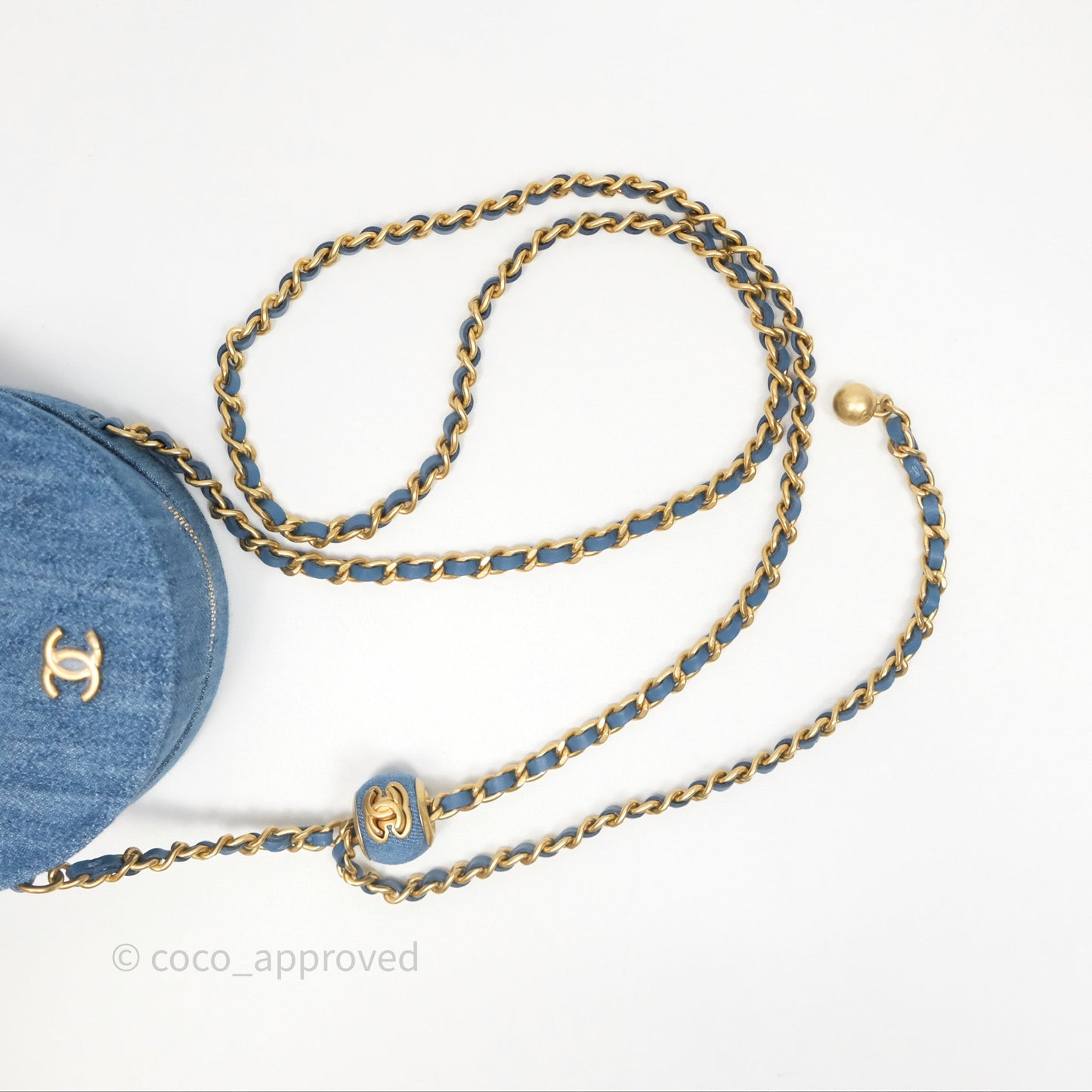 Chanel Quilted Pearl Crush Round Clutch With Chain Denim Aged Gold Hardware