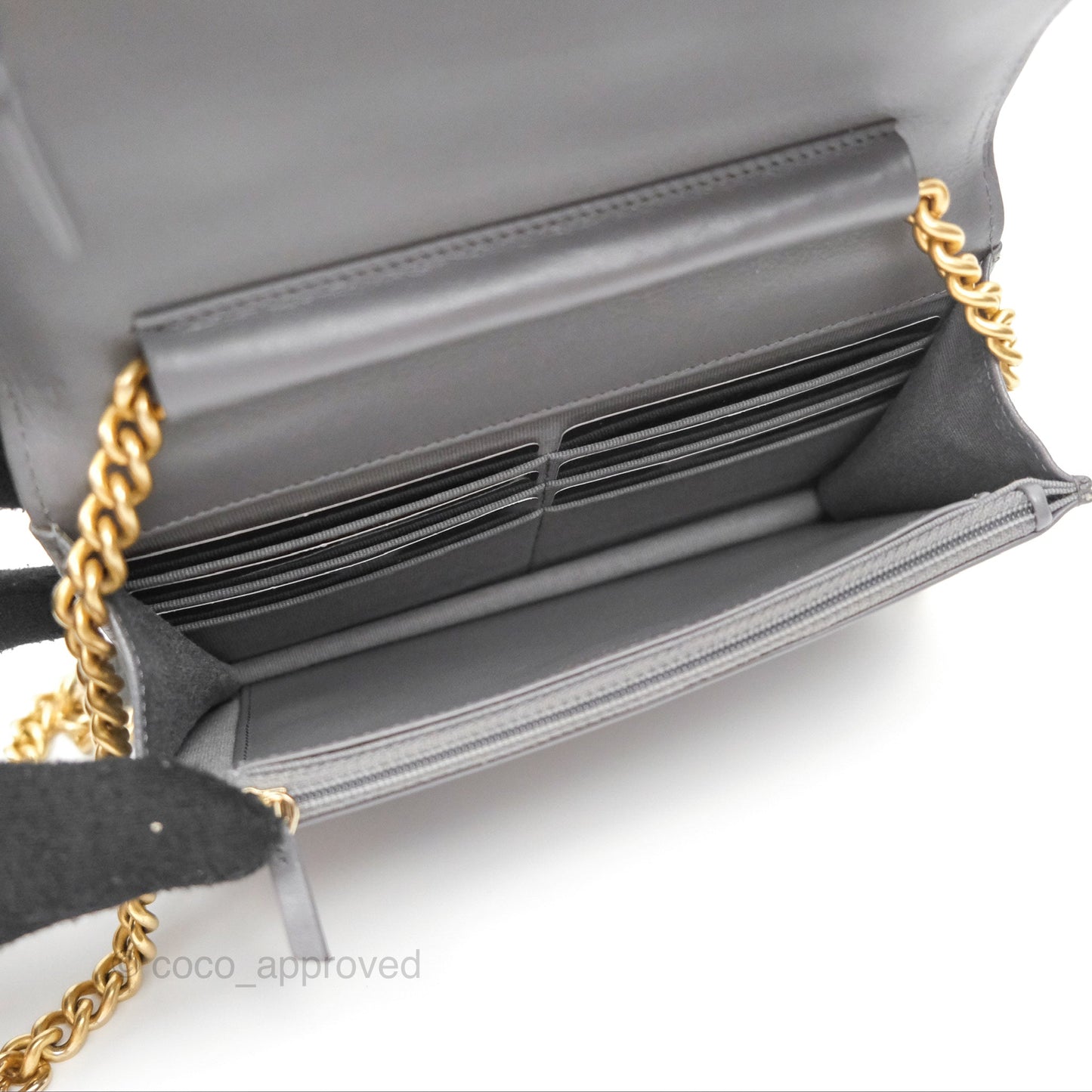 Chanel Quilted Boy Wallet on Chain WOC Grey Caviar Aged Gold Hardware