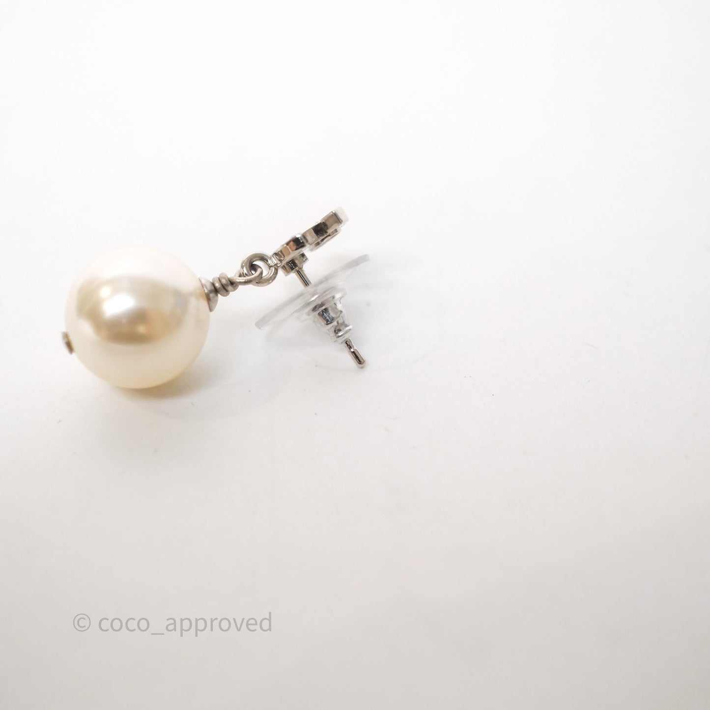 Chanel CC Crystal Pearl Drop Earrings Silver Tone 21V